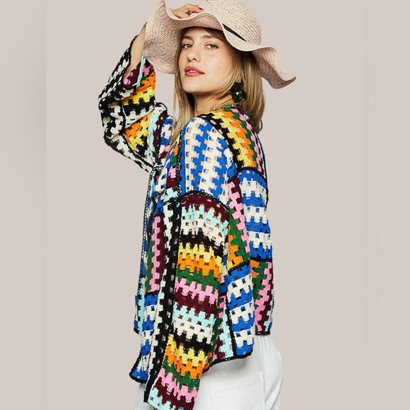 POL Sweaters - POL Colorful Crocheted Patchwork Open Front Cardigan Sweater Boho Statement